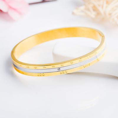 China Letter and Number Engraved 2019 New 18K Gold Plated Stainless Steel Bracelet Womens Letter Number Engraved Bracelet for sale