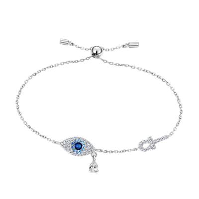 China White Gold Plated 925 Sterling Silver Women Dainty Egypt Cross Diamond Eye Chain Bracelet for sale