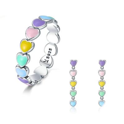 China Romantic Heart Ring Earrings Jewelry Rainbow Set of 925 Sterling Silver Lady Stackable Enamel for sale