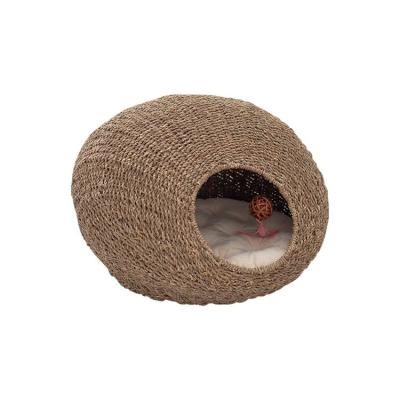 China Rustproof Frame Partially Enclosed House Vegetal Plankton Handwoven Breathable Cat Weaving Bed Natural PED Basket Breathable Pet Nest for sale