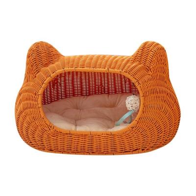 China Handwoven Partially Enclosed Rustproof Indoor Pet Products Breathable Rattan Cat House Frame Breathable Pet Nest for sale