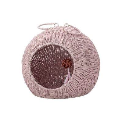 China Partially Enclosed Handwoven Breathable Rattan Cat House Weaving Nest Natural Cozy Rattan Sleeping Rattan Weaving House for sale