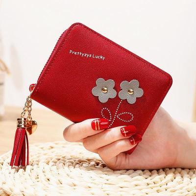 China Short Leather Mini Wallet Flower Wallets Women Waterproof Wallet Zipper Tassel Flower Coin Purse Card Holder Money Bags for sale