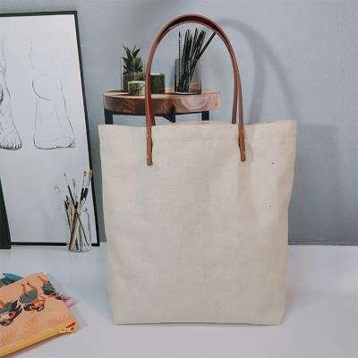 China Eco-Friendly Natural 100% Cotton Custom White Printed Logo Cotton Canvas Leather Tote Bag for sale