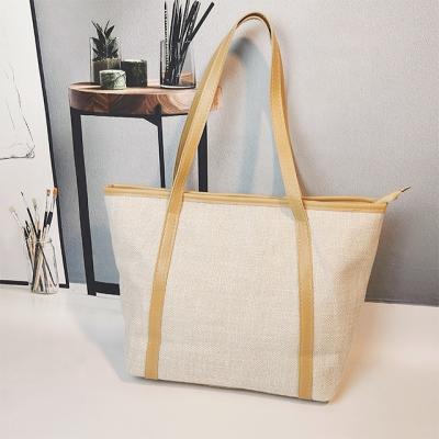 China Eco-Friendly Natural 100% Cotton Customized Plain Cotton Canvas Leather Tote Bag Woman Shoulder Bag for sale