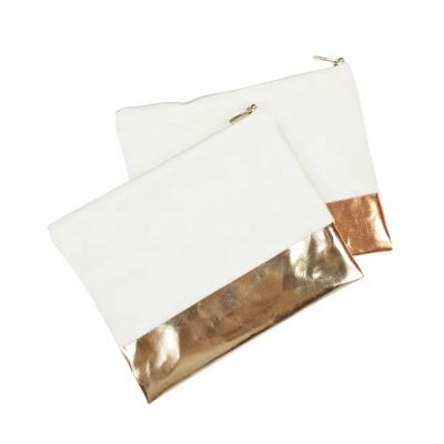 China Eco-Friendly Natural 100% Cotton Customized Empty White Quilted Gold Leather Cotton Canvas Zipper Clutch Bag for sale