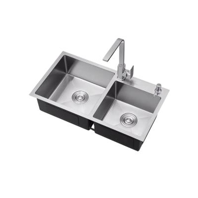 China Without Faucet Factory Price Handmade Basin Double Sink Or Under Mount Double Bowl Kitchen Sink With Faucet Landing for sale