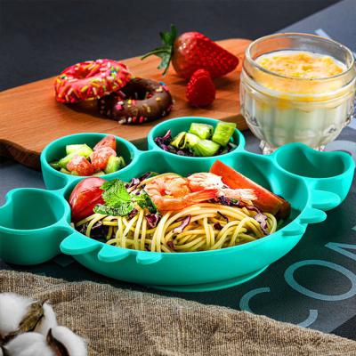 China Amazon Silicone Cute Crab Shape Animal Food Grade Dish With Spoon Fork, Suction Bottom Cup Fixed Kids Feeding Dish for sale