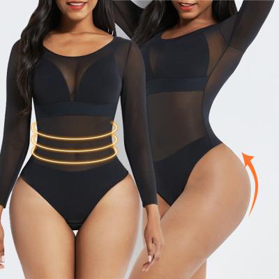 China 2021 Wholesale Breathable Mesh Black Bodyshaper For Women Round Neck Long Sleeve Thong With Sexy Cups Shaper Jumpsuit for sale