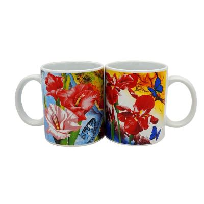 China Wholesale 11OZ Viable Color Ceramic White Mug With Flower Design Printing Cheap Stoneware Coffee Mug for sale