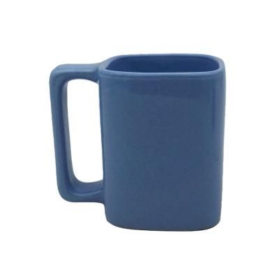 China Disposable 12OZ Stoneware Square Shaped Solid Color Matte Blue Coffee Mug for sale