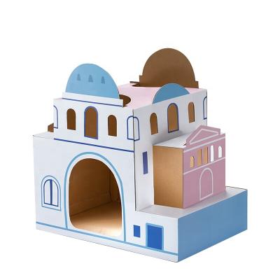 China Sustainable High Quality Eco-friendly Healthy Cardboard Puzzle Aegean Cat Scratcher House Castle for sale