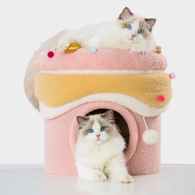 China Waterproof Cake Form Fluffy Soft Plush Cat Capsule Bed Two Layer Warm Partially Enclosed Round Cat Bed For Multiple Cats And Dogs Cama Para Gat for sale