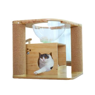 China Sustainable Wooden Cat Condo with Lined Post and Box House and Transparent Cat Platform for sale