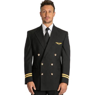 China 2021 Mens Airline Design Custom Black Double Breasted Classic Flight Suit Uniform Pilot Jacket for sale