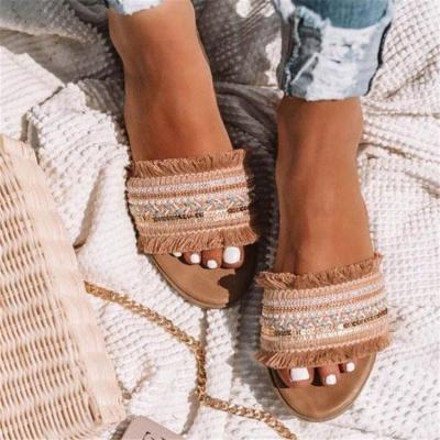 China DM Anti-odor Boho Style Tassel Flat Slide Single Slipper Summer Bohemian Sandals For Women for sale