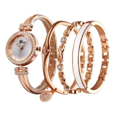 China Lady's Fashion Gold Silver and Rose Gold Color Cuban Watch Jewelry Set Women's Bracelet Watch Set 4Pcs New Luxury Watch for sale