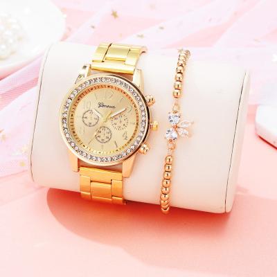 China Hip Hop Iced Out Siver Gold Rose Gold Bling Diamond Wrist Watch Set Bow Crystal Rhinestone Bracelet Ladies Watch Set for sale