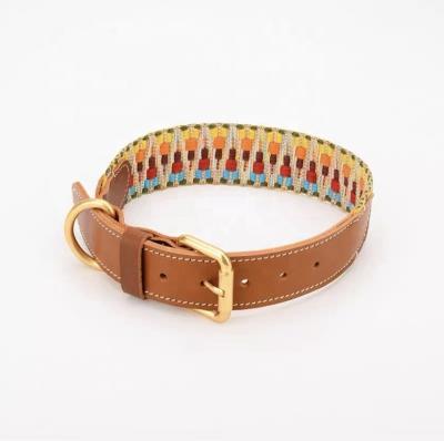 China Fashion Personalized Custom Dog Collar Knitted Band With Leather Adjustable Hot Sale Top Layer Cowhide Pet Unique Pet Products for sale