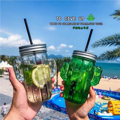 China Cactus Shaped Glass Beverage Color Print Fruit Juice Mason Jar Handle Cup 12oz Drinking Glass Bottle With Lids And Straw for sale