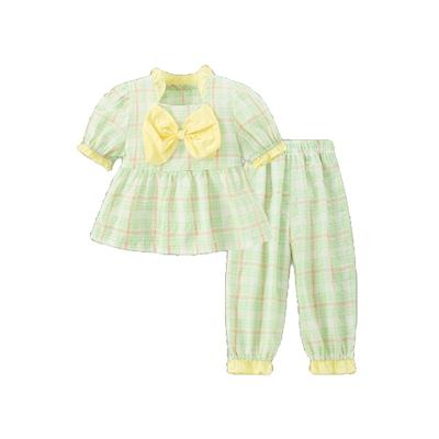 China 2022 Summer Girls Home Wear Plaid Pajamas Suit Girls Cotton Bow Breathable Short Sleeve Home Clothes for sale