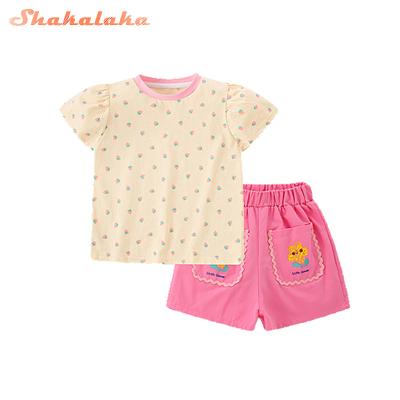 China Other Fashionable Classic Style Shorts Sleeve Print Tops Red And Pink Shorts Girls Baby Outfit for sale