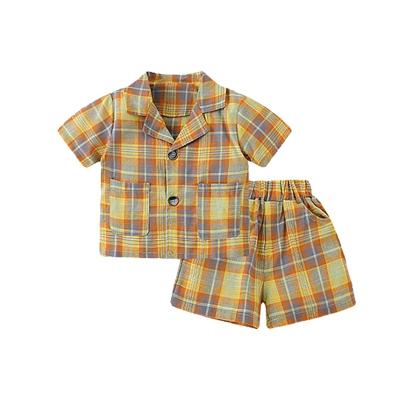 China Kids Breathable Plaid Suit Short Sleeve T-Shirt And Shorts Two Piece Set Cheap Wholesale Boys And Girls Summer Clothing for sale