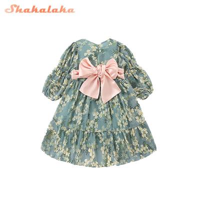 China Boutique Spring Summer Washable Flower Print Long Sleeve Korean Fairy Style Butterfly Bow Babies Lovely Dress for sale