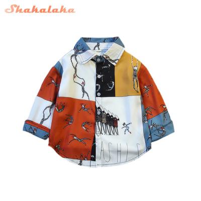 China 2022 Casual Hot Design Cotton Button Down Boys Uniform Sleeve Button Cartoon Printing Formal Party Short Dress Shirts Down Boys Shirts for sale