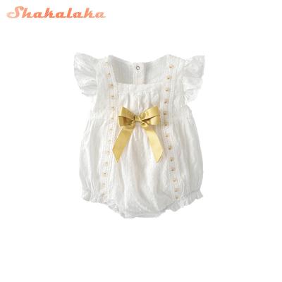 China Baby Sustainable Cotton Summer Bow Romper Girls Overalls Fashion Soft Infant Lace Up White Clothes for sale