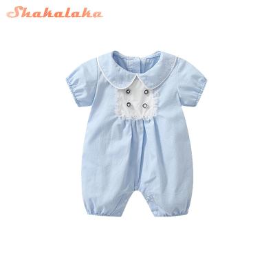 China Viable Summer Cotton Short Sleeve Babies Uses Spanish Baby Romper Naturel Style Newborn Light Blue Baby Overalls for sale