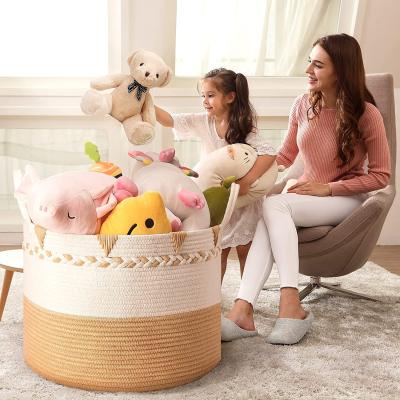 China Traditional Decorative Folding Woven Cotton Rope Laundry Storage Basket& Trash Bin For Covering Toys Clothes for sale