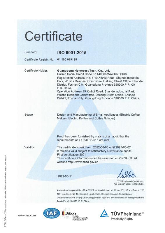 ISO9001:2015 - Guangdong Homezest Tech. Co., Ltd.