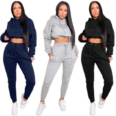 China New Arrival Solid Color Hooded Fleece Breathable Belly Elastic Waist Long Pants Sport Jogging Workout Suit for sale