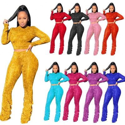 China Korean silver pleated flared pants suit new design breathable thin naked navel sexy street wear casual suit for sale