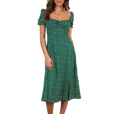 China Breathable Casual Chiffon Green Ruched Floral Sleeve Retro Split Korean Women Dresses Dot Printed Short for sale