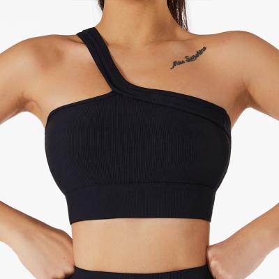 China 2022 Wholesale Breathable Sports Bras Women Ribbed One Shoulder Stretch Comfort Sports Jogging Bras For Women for sale