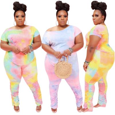 China 2020 Autumn Breathable Plus Size Women Clothing Tie Dye 2 Piece Set Suits Casual Stacked Pants Set for sale