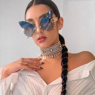 China Fashion Sunglasses THREE HIPPO Shades Sun Glass Women Metal Butterfly Blue Sunglasses 2021 Big for sale