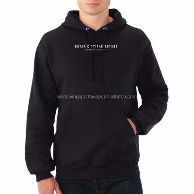 China Custom anti-pilling men's brush black polycotton fleece with white printed letters and kangaroo pocket on front pullover hoodie for sale