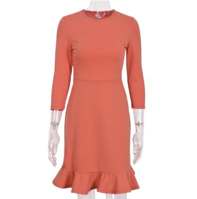 China Anti-static 100% Polyester Spandex Orange Ladies Long Sleeves With Ruffle Bottom Fashion Slim Fit Autumn Dress Beautiful for sale