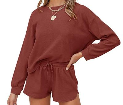 China QUICK DRY Ladies Plain Colors Round Neck Soft Waffle Fabric Perfect Sleeve Length Shirt With Convenient Side Pockets Shorts Sets for sale