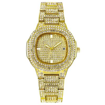 China Automatic Date Hips Hop Iced Out Diamond Crystal Nugget Cuban Watch Big Full Face Square Rhinestone Oblong Wristwatches for sale