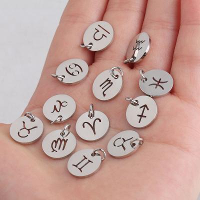 China TRENDY Vintage Stainless Steel Silver 12 Zodiac Sign Charms Pendants Fashion Jewelry Horoscope Round Tags Necklace Pendant for sale