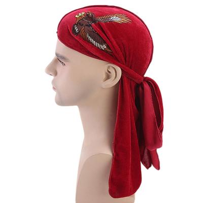 China Universal High Quality Muslim Turban Soft Polyester Velvet Colored Durag Custom Made With Extra Long Tail for sale