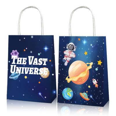 China Xindeli BD038 Recyclable Outer Space Theme Kids Birthday Party Supplies Astronaut Planet Design Blue Paper Gift Bag With Handle for sale