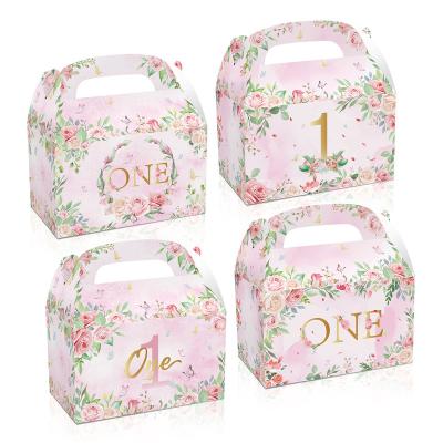 China Xindeli DD172 Recyclable Pink Flower Candy One Year Treat Boxes 12 Pcs Double Side Design Paper Gift Cake Box For Birthday Party for sale