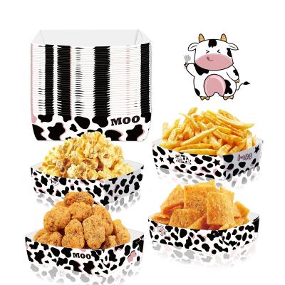 China Xindeli TP006 24 PCS Disposable Cow Printed Disposable Food Serving Tray Fries Snack Trays Paper Food Bowl Boats for Farm Party Supplies for sale