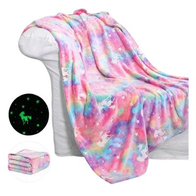 China Cute Fun Unicorn Flannel Glow-in-the-dark Blanket Christmas Halloween Gift for Kids Gifts Cute Home Decorations for sale