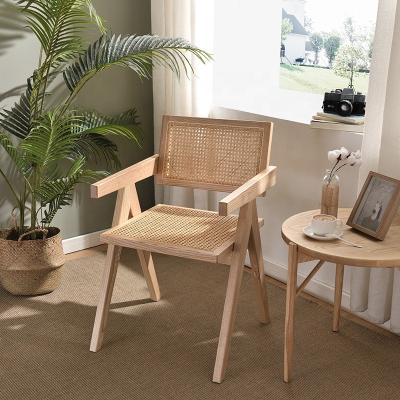 China Popular Retro Mid Century Modern Natural Solid Wood Woven Cane Armchair Chandigarh Foldable Dining Chair for sale